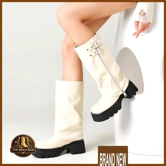 Knee High Boots Chunky Platform Moto Riding Slouchy Fold Over Wide Calf - Picture 3 of 6